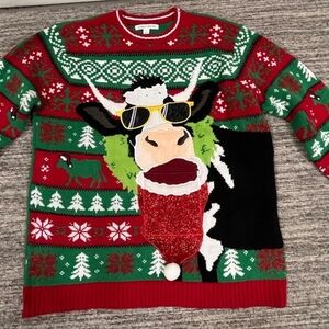 ****Funny  Cow Wearing Gold Glasses Christmas Sweater With Drink Holder Small